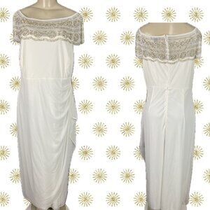 Roaman's +18W Eggshell Draped Mesh Gold Beads Bateau Neck Cap Sleeve Sarong Gown
